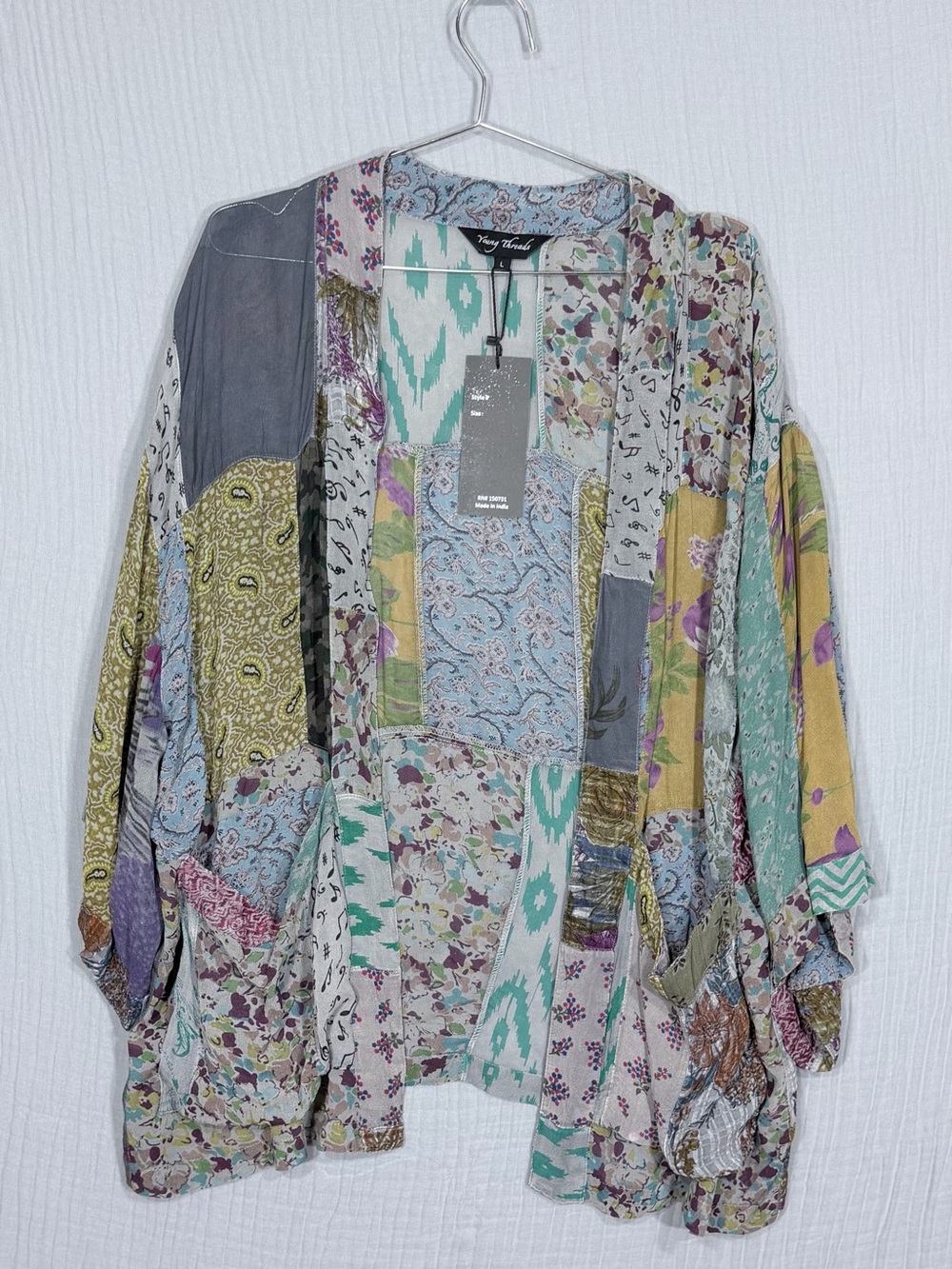 Young Threads Patchwork Boho Open Front Kimono Cardigan | NWT | L